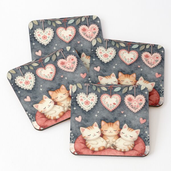 Item preview, Sleeping Kittens on Red Cushion with Hanging Floral Hearts – Cute Valentine Illustration designed and sold by Linda Roisum.