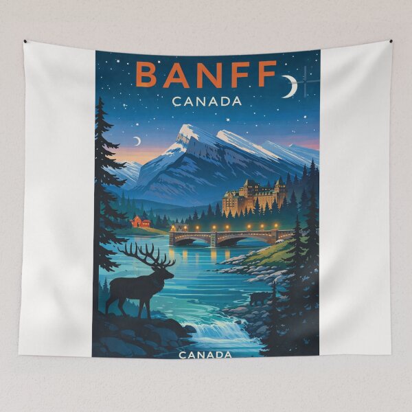 Item preview, Banff Night Scene with Fairmont Hotel and Bow River Bridge designed and sold by Places On Earth.