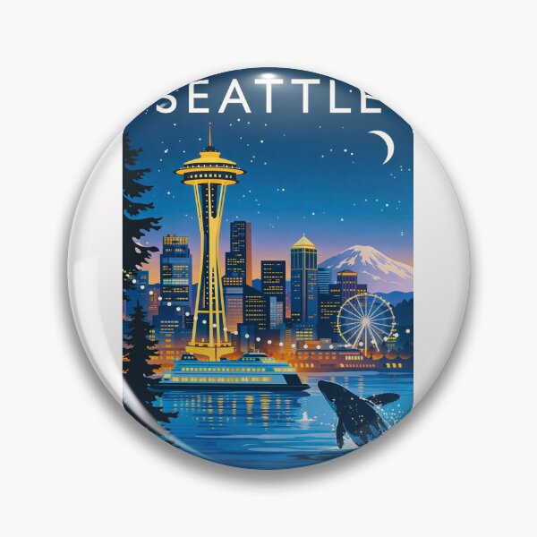 Item preview, Seattle Waterfront Night Scene with Space Needle and Mount Rainier designed and sold by Places On Earth.