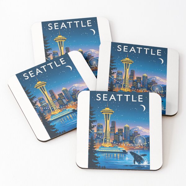 Item preview, Seattle Waterfront Night Scene with Space Needle and Mount Rainier designed and sold by Places On Earth.