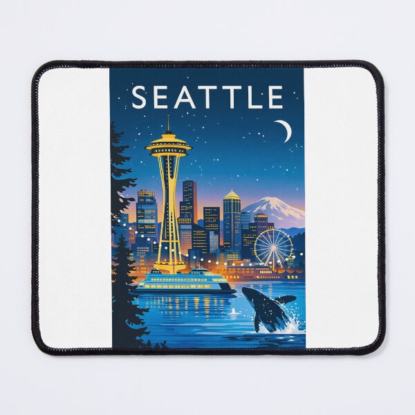 Item preview, Seattle Waterfront Night Scene with Space Needle and Mount Rainier designed and sold by Places On Earth.