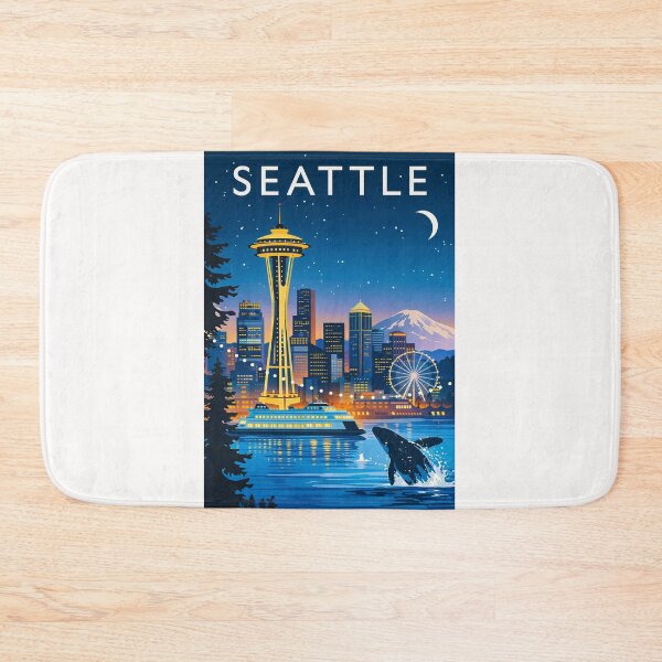 Item preview, Seattle Waterfront Night Scene with Space Needle and Mount Rainier designed and sold by Places On Earth.
