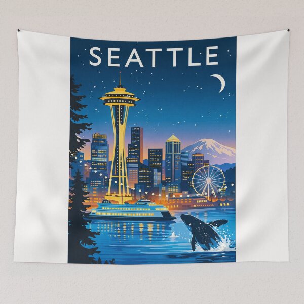 Item preview, Seattle Waterfront Night Scene with Space Needle and Mount Rainier designed and sold by Places On Earth.