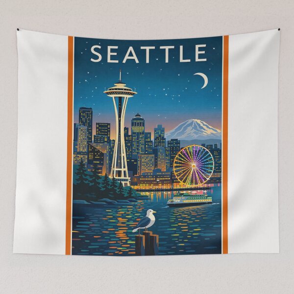 Item preview, Seattle Waterfront Skyline with Space Needle, Great Wheel and Mount Rainier designed and sold by Places On Earth.