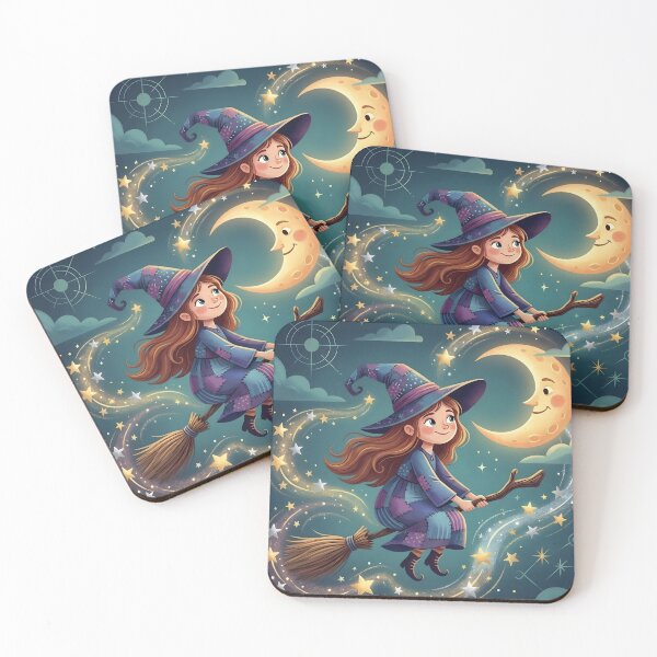 Item preview, Cute Witch Flying Art Print | Kawaii Moon Witch Illustration | Cozy Magical Fantasy Wall Art designed and sold by AbstractAuraArt.