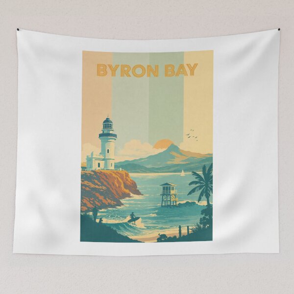 Item preview, Byron Bay Sunrise with Lighthouse, Surfer and Mountains designed and sold by Aryabek.