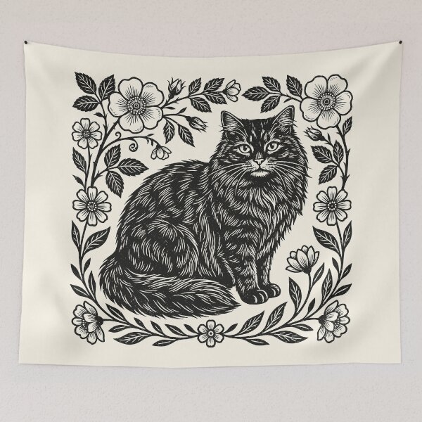 Item preview, Black Ragdoll Cat Linocut Style Floral Feline  designed and sold by Y-Vibes.