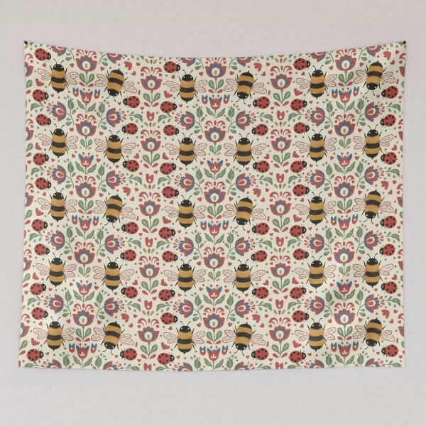 Item preview, Bees and Ladybugs in Colourful Folk Art Style – Seamless Nature Pattern by heidiannemorris © designed and sold by FOLK ART FUSION.