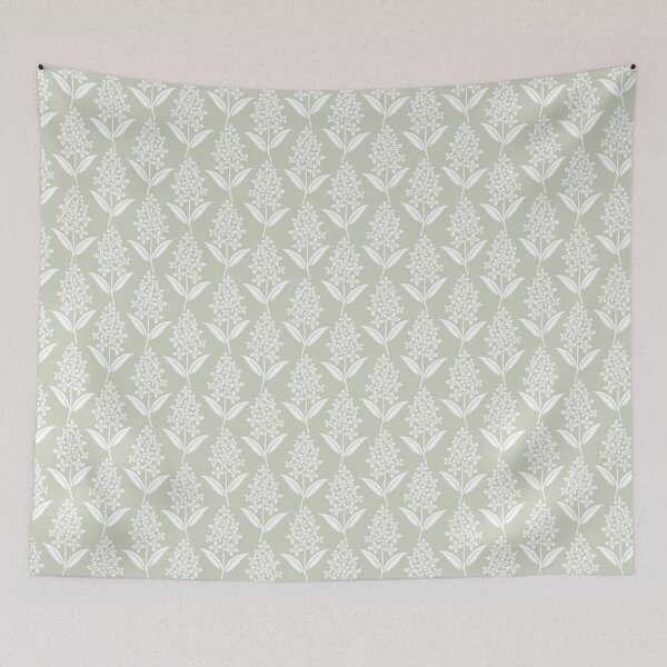 Item preview, Lilac flowers botanical floral in White on Sage Green designed and sold by EliveraDesigns.