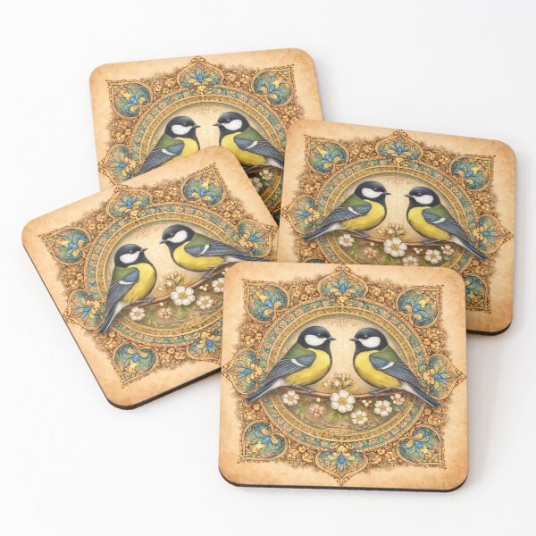 Item preview, Great Tit Lovebirds – Vintage Floral Mandala Illustration designed and sold by Colorshow-relax.