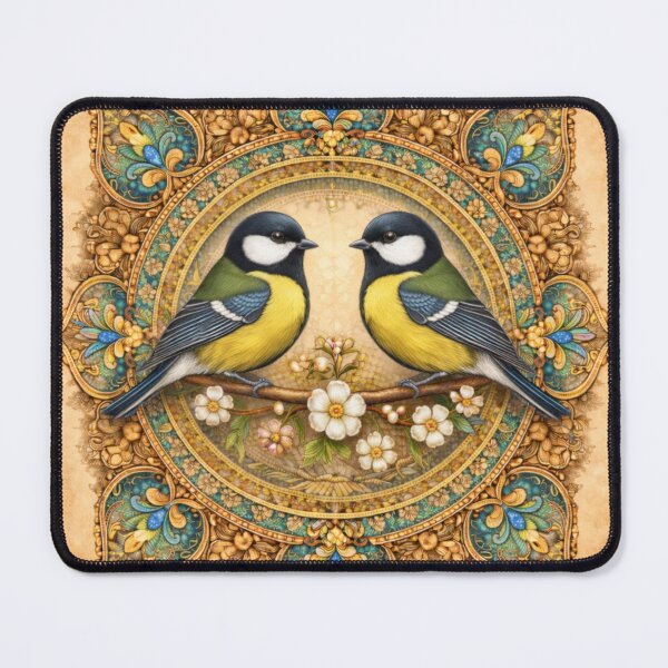 Artikelvorschau, Kohlmeisen-Liebesvögel – Vintage-Blumenmandala-Illustration entworfen und verkauft von Colorshow-relax.