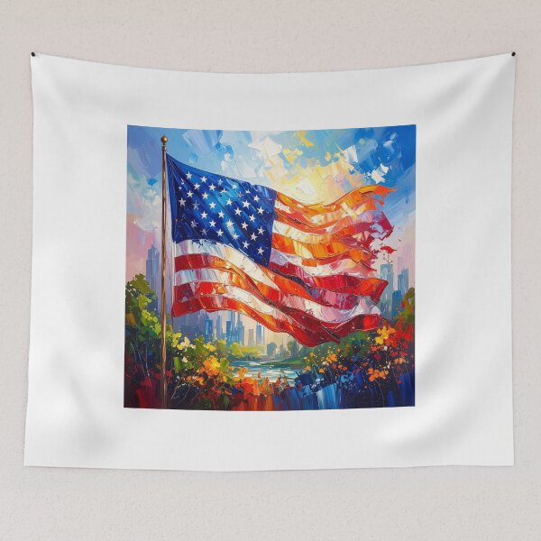 Item preview, Painterly Freedom Flag Over Modern Skyline designed and sold by KapiPrint.
