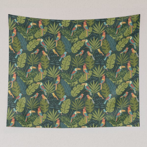 Item preview, Parrots and Cockatiels Seamless Pattern in Jungle Leaves – Scandinavian Folk Art by heidiannemorris © designed and sold by FOLK ART FUSION by heidiannemorris.