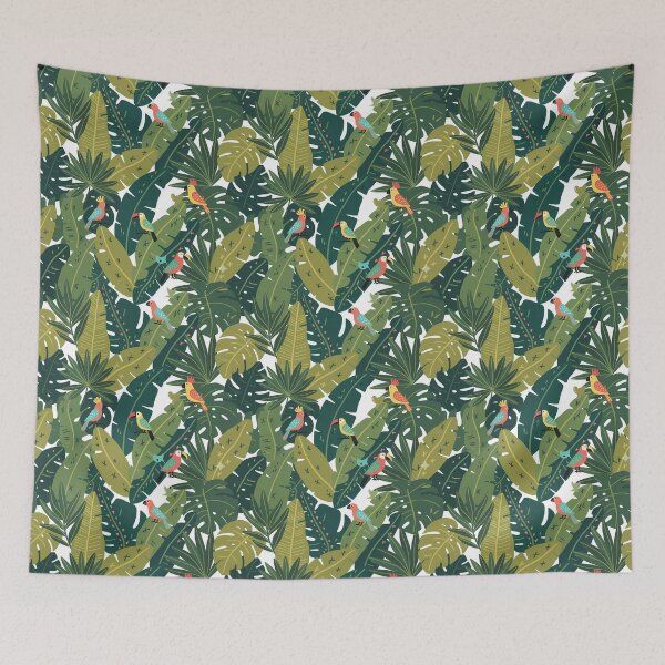 Item preview, Parrots and Cockatiels Seamless Pattern in Jungle Leaves – Scandinavian Folk Art by heidiannemorris © designed and sold by FOLK ART FUSION by heidiannemorris.