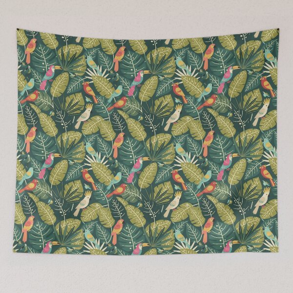 Item preview, Toucan Parrots Cockatiels Seamless Pattern in Jungle Leaves – Scandinavian Folk Art by heidiannemorris © designed and sold by FOLK ART FUSION by heidiannemorris.
