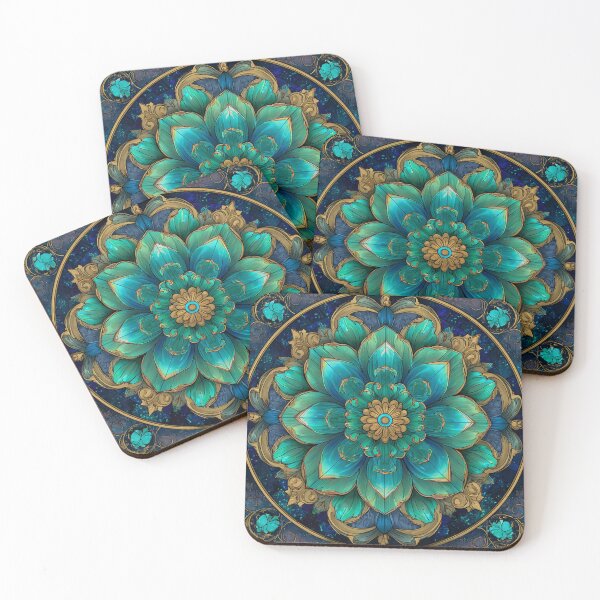 Item preview, Stained Glass Golden Cyan Inspired Mosaic Mandala Pattern designed and sold by GrinGalore.