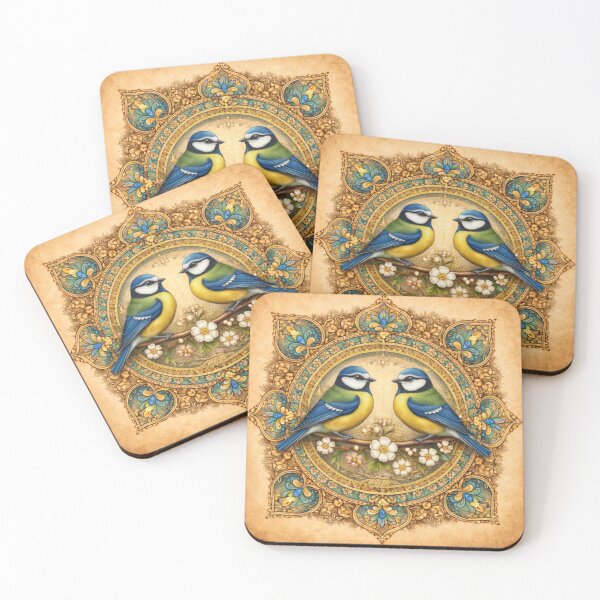 Item preview, Blue Tit Lovebirds – Vintage Floral Mandala Illustration designed and sold by Colorshow-relax.