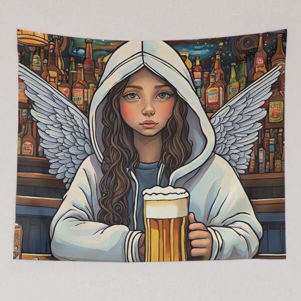 Item preview, Angel with wings wearing a hoodie drinking Beer in a Bar designed and sold by Colin Bentham.