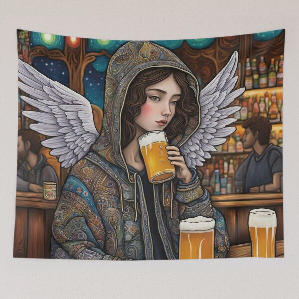 Item preview, Angel with wings wearing a hoodie drinking Beer in a Bar designed and sold by Colin Bentham.