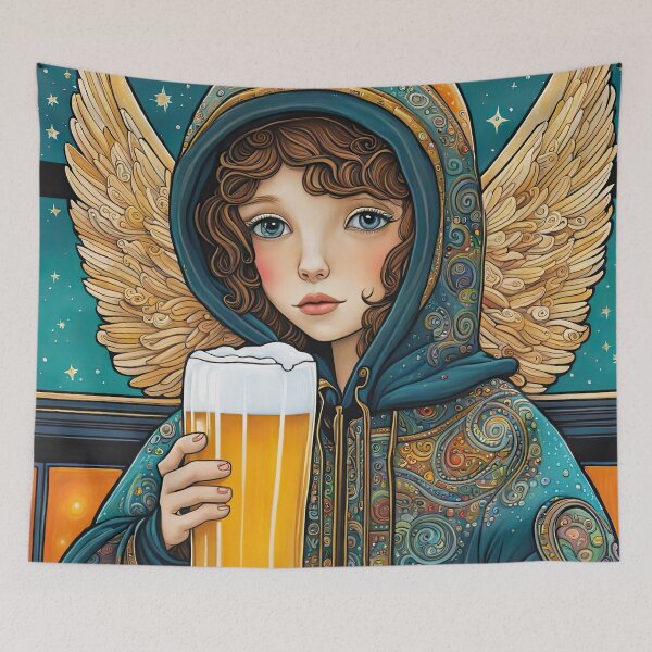 Item preview, Angel with wings wearing a hoodie drinking Beer in a Bar designed and sold by Colin Bentham.
