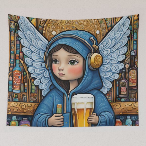 Item preview, Angel with wings wearing a hoodie drinking Beer in a Bar designed and sold by Colin Bentham.