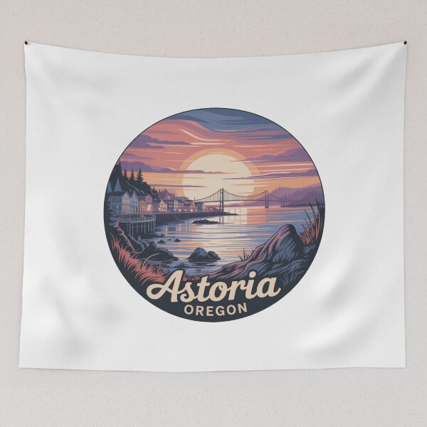 Item preview, Astoria Oregon Sunset Badge - Coastal Bridge Round Illustration designed and sold by CircinusStore.