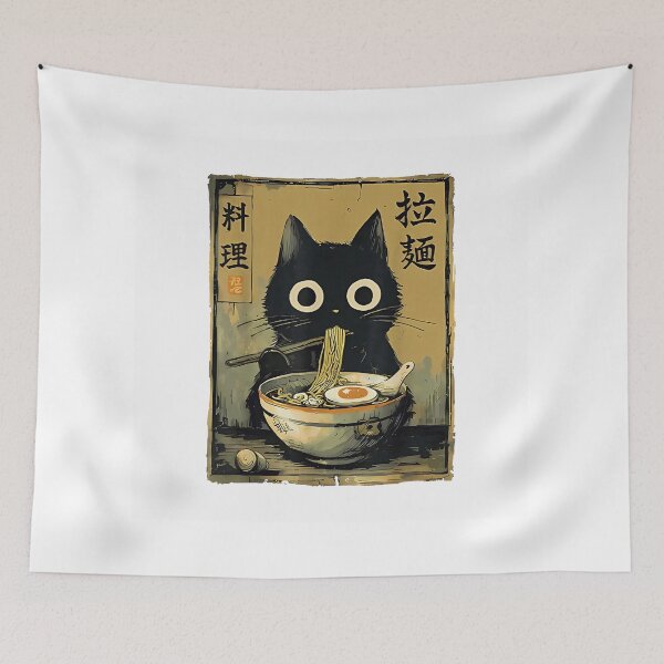 Item preview, Cute black cat eating noodles in vintage japanese ramen style designed and sold by RuperDelois.
