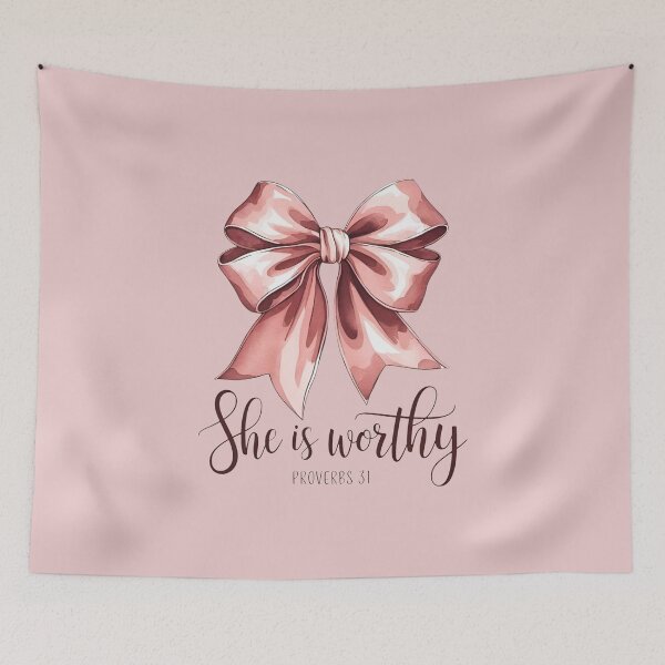 Item preview, She is Worthy Proverbs 31 – Elegant Pink Coquette Bow Faith Art designed and sold by CoquetteDigitalArt.