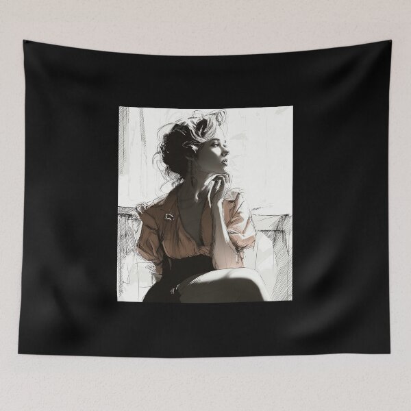 Item preview, Elegant Woman in Thought - Black and White Fashion Sketch Illustration designed and sold by Banal25.
