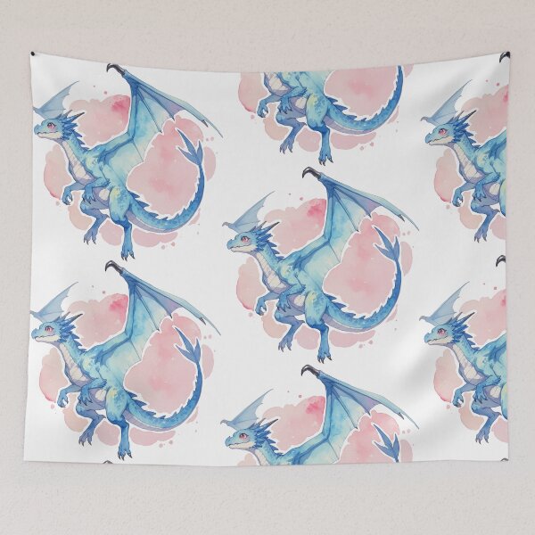 Item preview, Watercolor Blue Wyvern Dragon with Large Wings and Pink Artistic Background designed and sold by Jagamusubi.