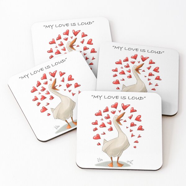 Item preview, Duck sings loudly with hearts in the background for celebration of love in a cartoon scene designed and sold by Ms. Iryna.