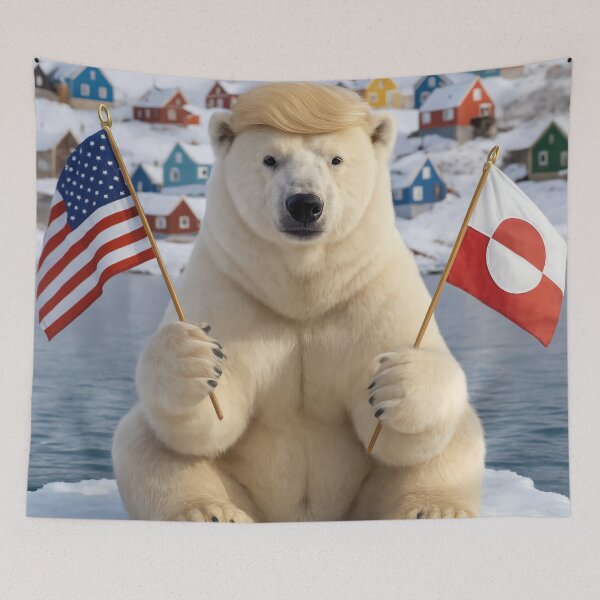 Item preview, Greenland Polar Bear With Trump Hair Holding Flags designed and sold by Maria Dryfhout.