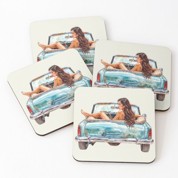 Item preview, Wind in her hair, dark-haired woman in a vintage convertible designed and sold by LiskoDesign.