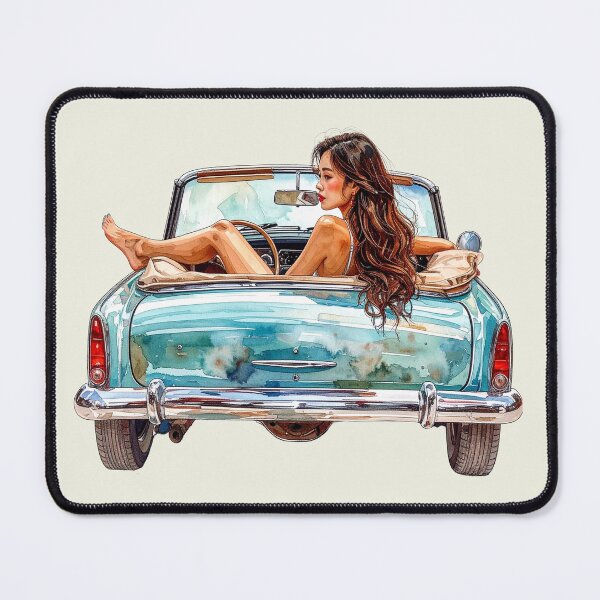 Item preview, Wind in her hair, dark-haired woman in a vintage convertible designed and sold by LiskoDesign.