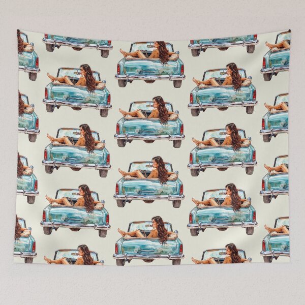 Item preview, Wind in her hair, dark-haired woman in a vintage convertible designed and sold by LiskoDesign.