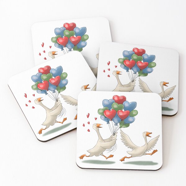 Item preview, Ducks are running with colorful balloons shaped like hearts in a fun cartoon scene in a park on a sunny day designed and sold by Ms. Iryna.