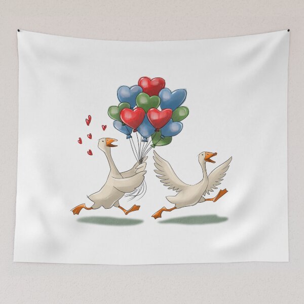 Item preview, Ducks are running with colorful balloons shaped like hearts in a fun cartoon scene in a park on a sunny day designed and sold by Ms. Iryna.