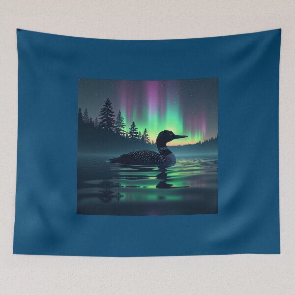 Item preview, Northern Lights Loon - Minnesota Aurora Borealis Lake Art designed and sold by The Grumpy Pet Club.