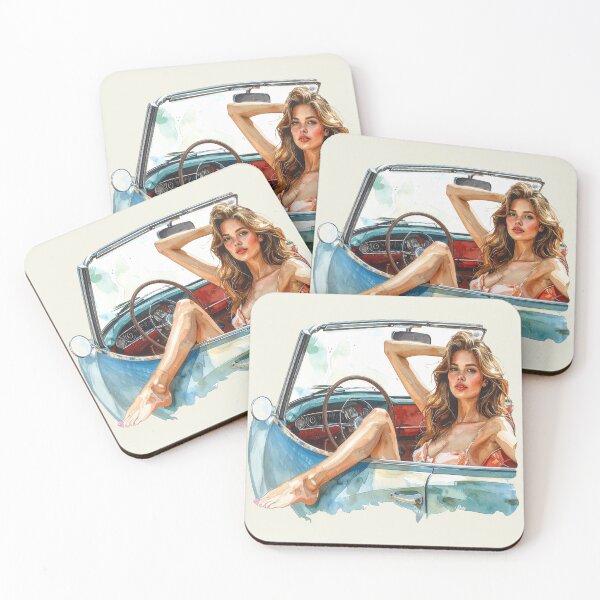 Item preview, blonde woman barefoot in vintage convertible designed and sold by LiskoDesign.