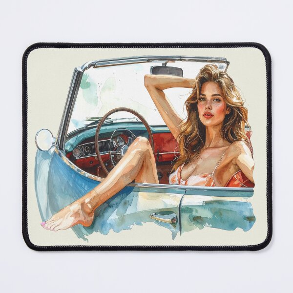 Item preview, blonde woman barefoot in vintage convertible designed and sold by LiskoDesign.