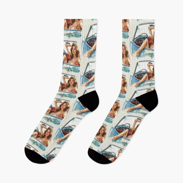 Item preview, blonde woman barefoot in vintage convertible designed and sold by LiskoDesign.