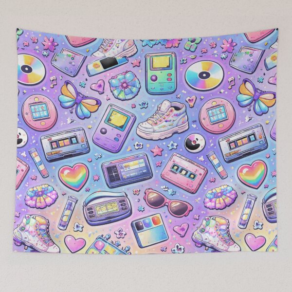 Item preview, 90s Retro Nostalgia Pattern AI – Pastel Y2K Icons Seamless Design designed and sold by Cleora Art .