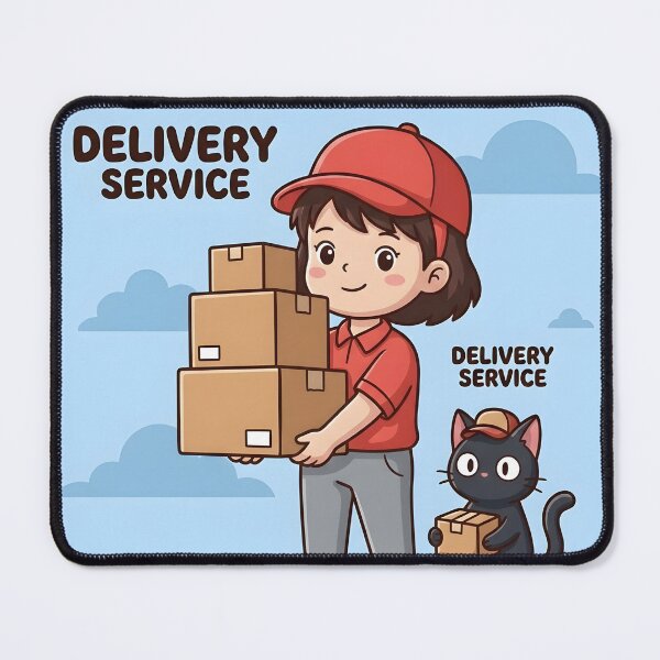 Item preview, Cute Delivery Girl & Cat Art Print | Kawaii Delivery Service Illustration | Cozy Anime-Inspired Wall Art designed and sold by AbstractAuraArt.