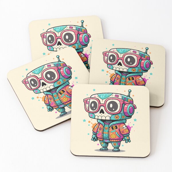 Item preview, Cute Kawaii Robot Skull DJ Glasses Headphones Emoji Patches Sticker Chibi Pink Turquoise Character Design designed and sold by NeoShard.