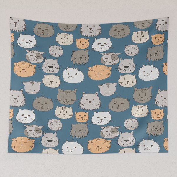 Item preview, Cute Cat Faces on a Blue Background, Cat Collection designed and sold by FourAcreFarm.