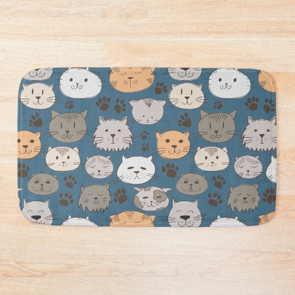 Item preview, Cute Cat Faces on a Blue Background With Paw Prints, Cat Collection designed and sold by FourAcreFarm.