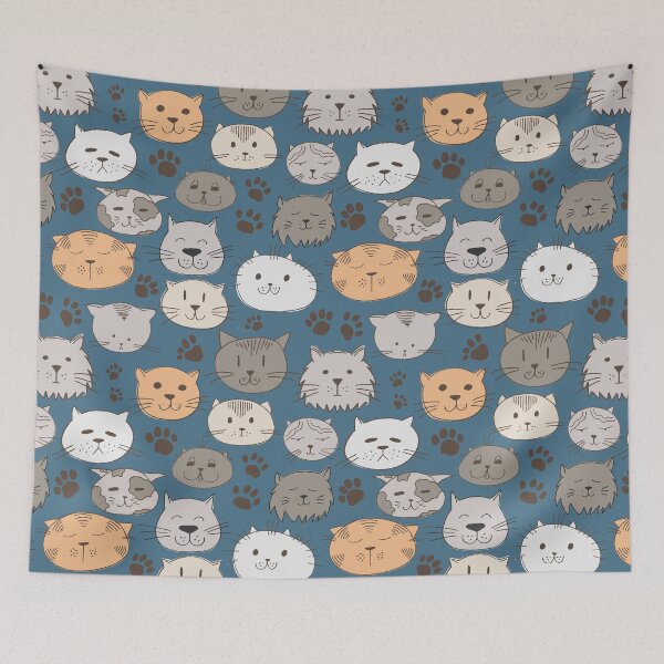 Item preview, Cute Cat Faces on a Blue Background With Paw Prints, Cat Collection designed and sold by FourAcreFarm.