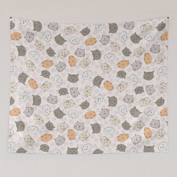 Item preview, Cute Cat Faces on a Beige Background With Paw Prints, Tossed, Cat Collection designed and sold by FourAcreFarm.