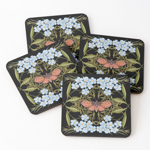 Item preview, Botanical illustration with leaves, blue forget-me-not flowers and an orange butterfly designed and sold by Grin Katalina Floral Patterns & Cozy Art.