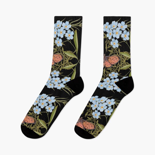 Item preview, Botanical illustration with leaves, blue forget-me-not flowers and an orange butterfly designed and sold by Grin Katalina Floral Patterns & Cozy Art.